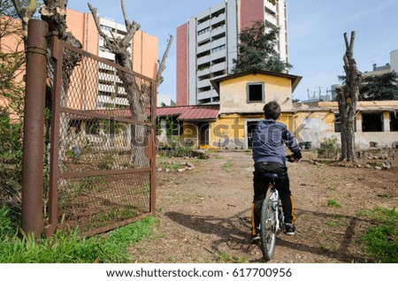 Abandoned Places. Suburb of a 21st century metropolis. Skyscrapers and shacks.