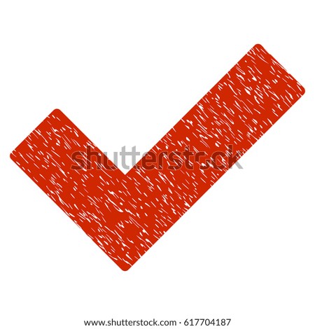 Grunge Ok Tick icon with grunge design and scratched texture. Unclean vector red pictogram for rubber seal stamp imitations and watermarks. Draft emblem symbol.