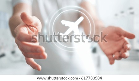 Businessman on blurred background booking his flight with modern digital application 3D rendering
