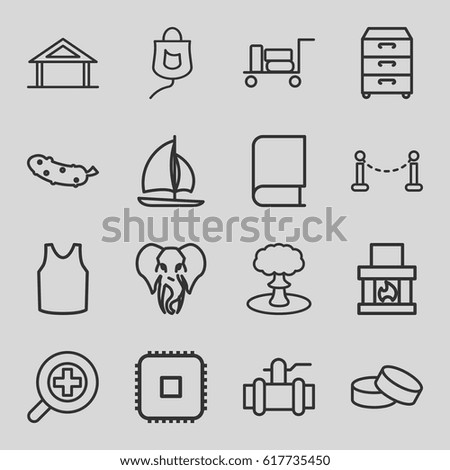 Vector icons set. set of 16 vector outline icons such as fence, luggage, elephant, home, tablet, singlet, pump, cucumber, drop counter, nightstand, zoom in, explosion