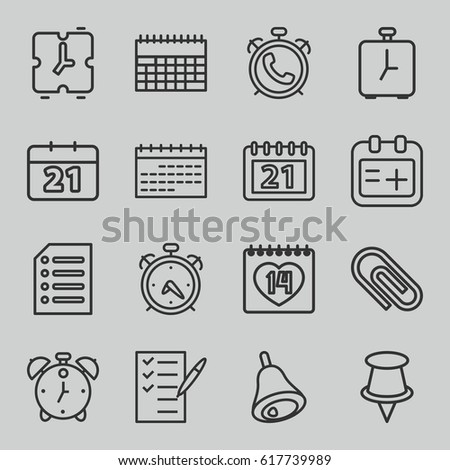 Reminder icons set. set of 16 reminder outline icons such as alarm, check list, 14 date, medical appointment, calendar, paper, bell, pin