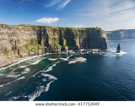 Aerial Ireland countryside tourist attraction in County Clare. The Cliffs of Moher and Burren Ireland. Epic Irish Landscape Seascape along the wild atlantic way. UNESCO Global Geopark Royalty-Free Stock Photo #617752049