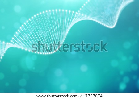 A bright particulate 3D rendered DNA  on a blue bokeh background. Royalty-Free Stock Photo #617757074