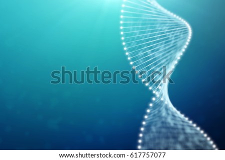 A bright particulate 3D rendered DNA  on a blue bokeh background. Royalty-Free Stock Photo #617757077