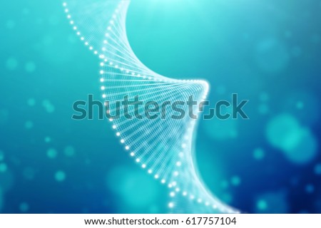 A bright particulate 3D rendered DNA  on a blue bokeh background. Royalty-Free Stock Photo #617757104