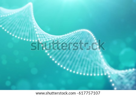 A bright particulate 3D rendered DNA  on a blue bokeh background. Royalty-Free Stock Photo #617757107
