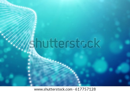 A bright particulate 3D rendered DNA  on a blue bokeh background. Royalty-Free Stock Photo #617757128