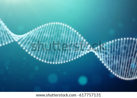 A bright particulate 3D rendered DNA  on a blue bokeh background. Royalty-Free Stock Photo #617757131
