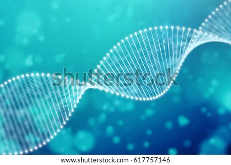 A bright particulate 3D rendered DNA  on a blue bokeh background. Royalty-Free Stock Photo #617757146