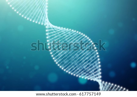 A bright particulate 3D rendered DNA  on a blue bokeh background. Royalty-Free Stock Photo #617757149