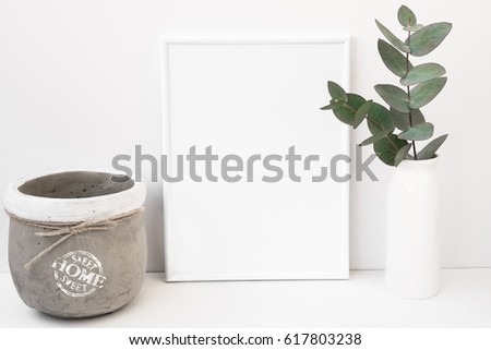 White background frame mockup, green eucalyptus in ceramic vase, cement pot, styled image for social media, product marketing, blogging