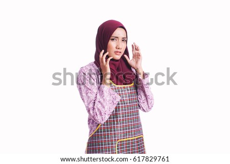 Housewife wear an apron with different pose and expression isolated on white background - cleaning, house, and kitchen concept