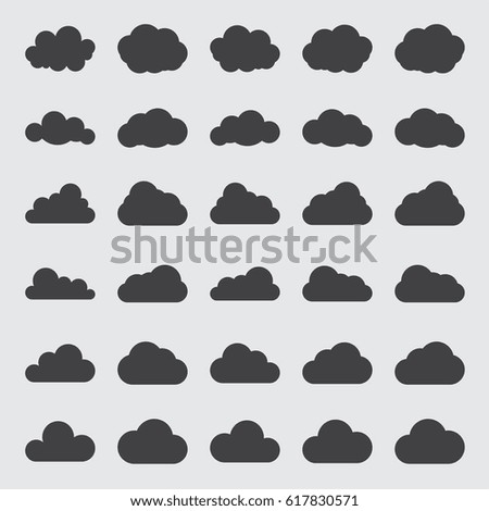 Cloud vector icon set black color on white background. Sky flat illustration collection for web, art and app design. Different nature cloudscape weather symbols.
