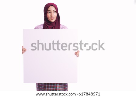 Housewife wear an apron hold empty white board with different body language and expression isolated on white background - kitchen, family, cleaning and hygiene concept