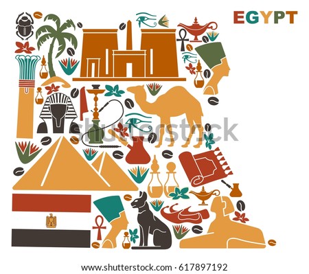 Traditional Egyptian stylized iconsin the form of a map of Egypt