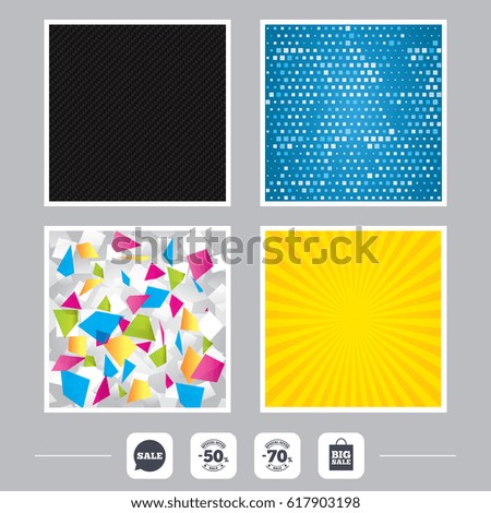Carbon fiber texture. Yellow flare and abstract backgrounds. Sale speech bubble icon. 50% and 70% percent discount symbols. Big sale shopping bag sign. Flat design web icons. Vector