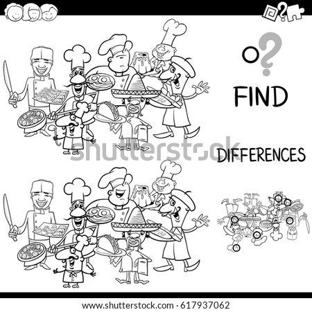 Black and White Cartoon Illustration of Finding the Difference Educational Activity for Children with Cook Characters Coloring Page
