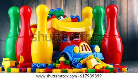 Colorful plastic toys in children's room.