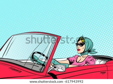 Fashionable woman driving red cabriolet. Pop art comics retro design vector illustration. Royalty-Free Stock Photo #617943992