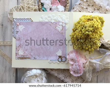 Homemade Happiness Attributes (beautiful home production, fabric and paper), Wedding album, Homemade hearts made of cloth and cotton wool