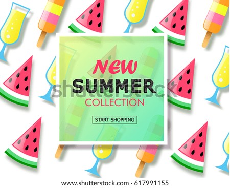Summer sale background with colorful ice cream, slice watermelon and cocktail. Vector illustration template, banners. Wallpaper, flyers, invitation, posters, brochure