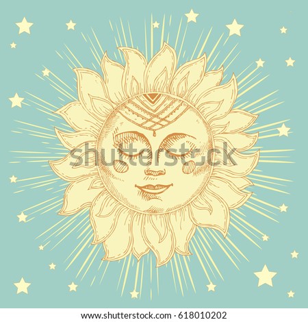 Hand drawn sun with face and starburst stylized as engraving. Can be used as print for T-shirts and bags, cards, decor element. Vector astrology symbol