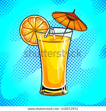 Summer cocktail with orange pop art hand drawn raster illustration.