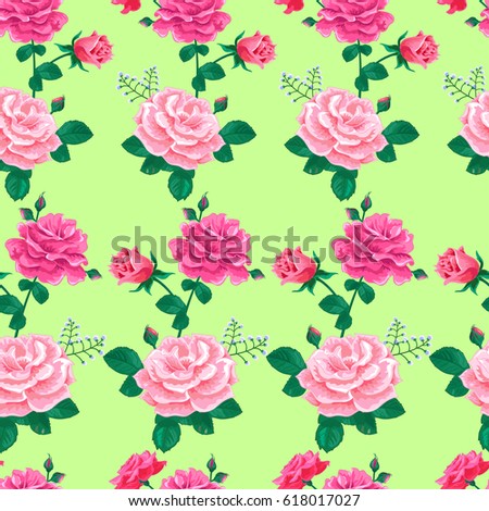 Seamless pattern with large realistic pink roses on a soft light green background.Vector illustration.Summer floral vector illustration for prints,book covers, textile, fabric, wrapping gift paper