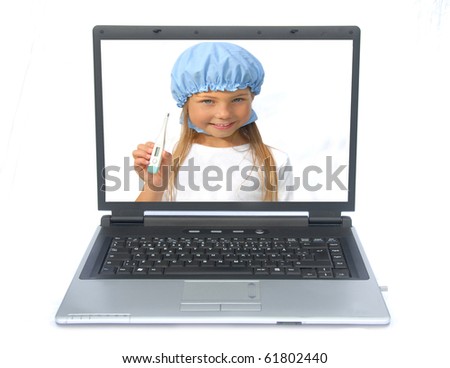 A little doctor repairing a sick computer, a laptop
