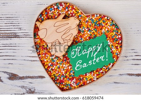 Sprinkle dots, Happy Easter card. Heart box and plywood rabbits. Easter gift design ideas.