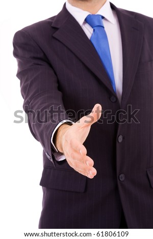 A businessman with an open hand ready to seal a deal