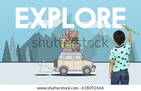 Little boy with illustration of discovery journey road trip traveling