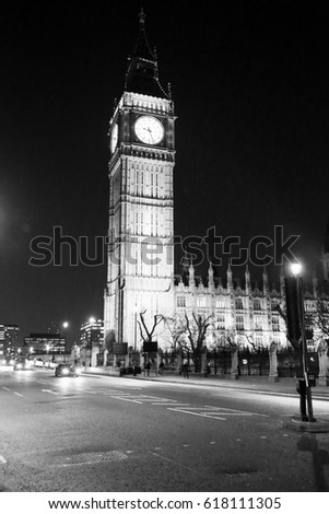 Image of Big Ben in London in the evening shot in black and white.