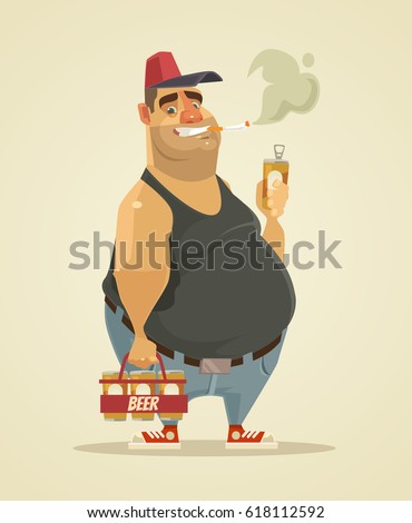 Happy smiling man smoking cigarette and drinking beer. Vector flat cartoon illustration Royalty-Free Stock Photo #618112592