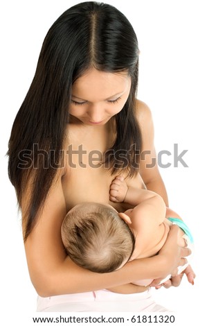 woman and very little kid  breast-feeding on white background, isolated