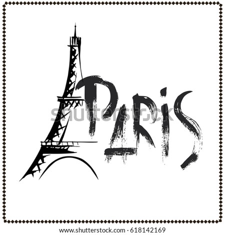 Eiffel Tower icon in sketch style with hand drawn word paris, doodle vector illustration
