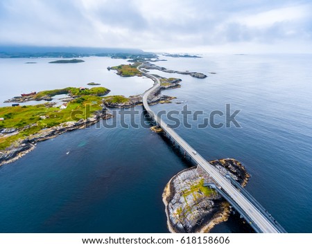 Atlantic Ocean Road or the Atlantic Road (Atlanterhavsveien) been awarded the title as "Norwegian Construction of the Century". The road classified as a National Tourist Route. Aerial photography Royalty-Free Stock Photo #618158606