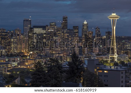 Seattle skyline at night with illuminated Space Needle