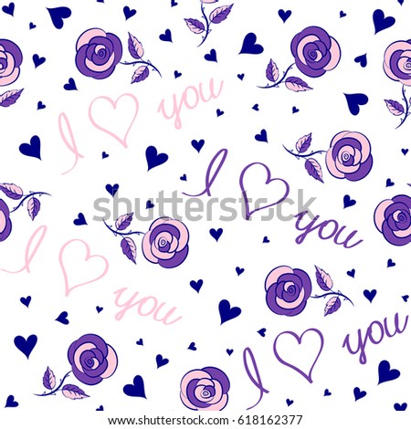 Repeating seamless pattern for Valentines day. Vector half tone blending mini hearts in violet and blue colors on a white background.