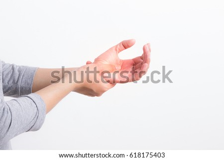 woman hands pain on white background,office syndrome concept