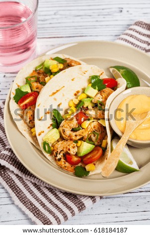 Tacos with Shrimp and Corn, Avocado Salsa. Selective focus.
