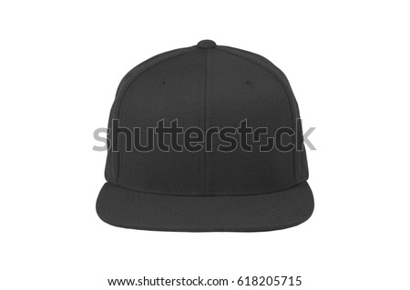 Mock up blank flat snap back hat black front view on white background Royalty-Free Stock Photo #618205715
