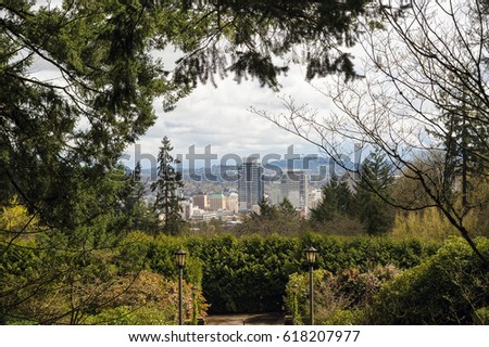 Portland Oregon downtown city view from Washington Park in Spring Season