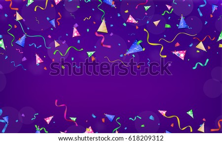 Celebration. Vector serpentine, confetti and party hat on colourful background. Vector
