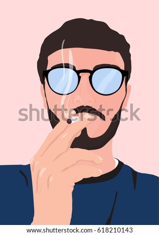 Man with a beard, mustache and glasses smoking cigarette. Vector illustration.