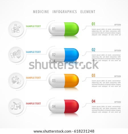 Medical pill infographic with medicine template icons and text for hospital pharmacy presentation, on white. Vector illustration.