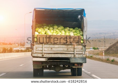 Truck with cabbage on road Royalty-Free Stock Photo #618242816