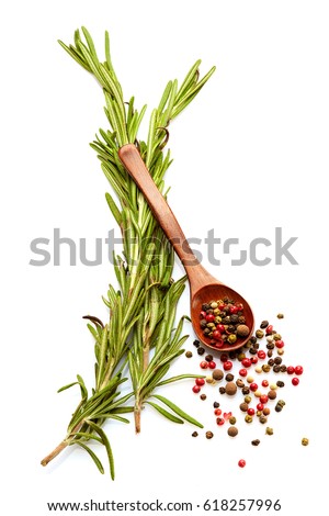Mediterranean food and drink healthy diet: Fresh vegetables spices and Italian herbs. Top view. Isolated on white. Rosemary and peppers Royalty-Free Stock Photo #618257996