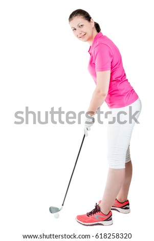 woman golfer in full length plays golf on a white background