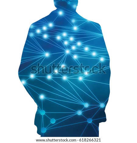 Human shape and connected lines background on blue, social nets and network concept illustration